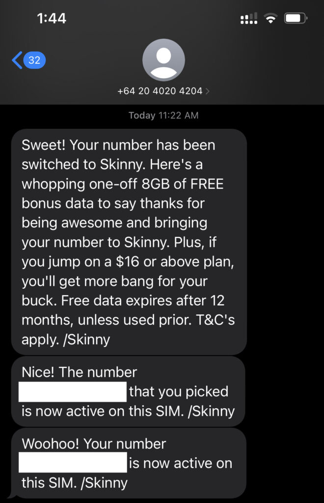 Your number has been switched to Skinny.
